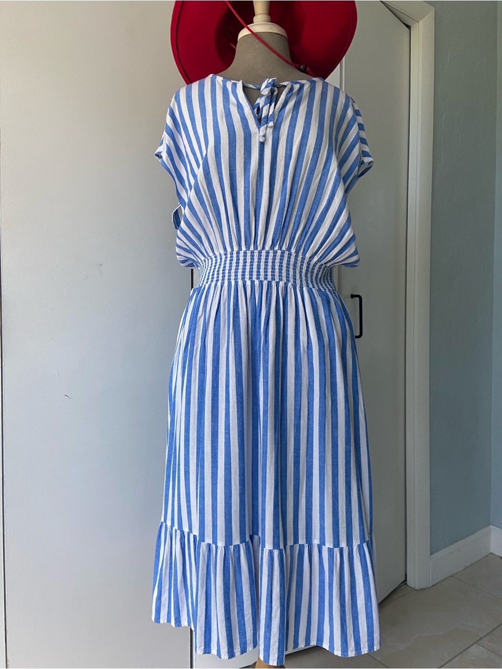 Blue & White Striped Smocked-Waist Midi Linen Dress